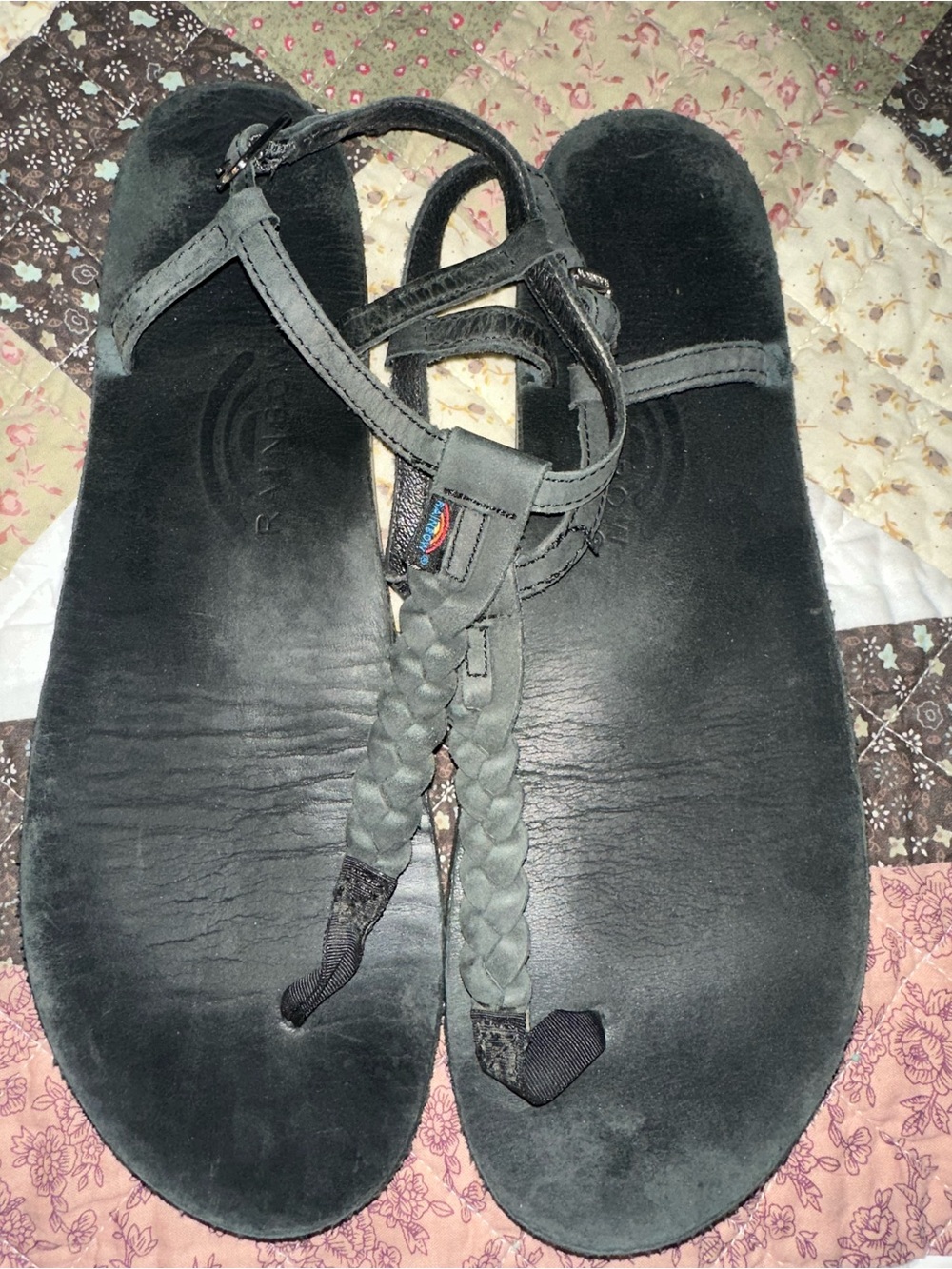 Rainbow Black Braided Thong Sandals with Ankle Strap